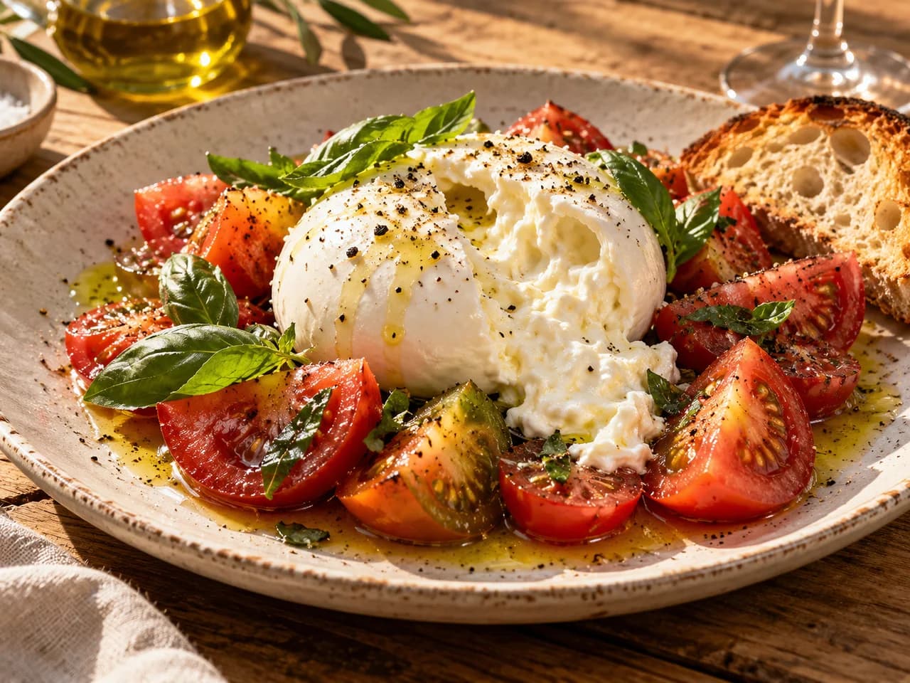 Burrata fresca abierta con tomates de temporada, albahaca y aceite de oliva