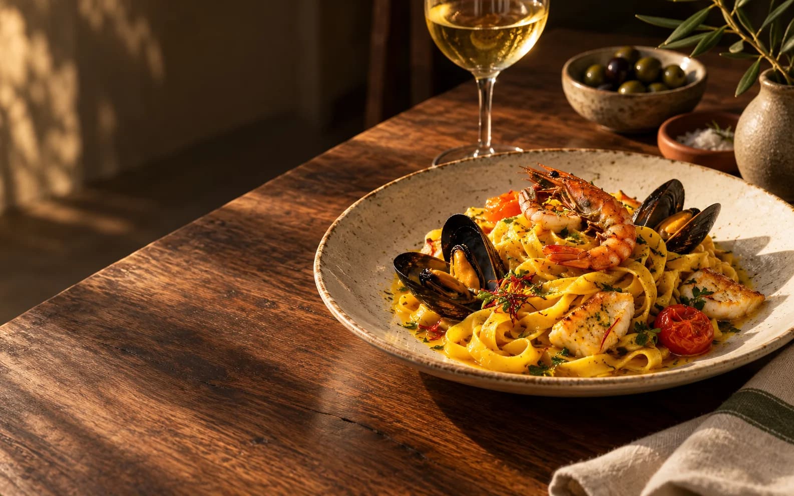 Pasta mediterránea con marisco, vino blanco y aceitunas en una mesa de madera cálida
