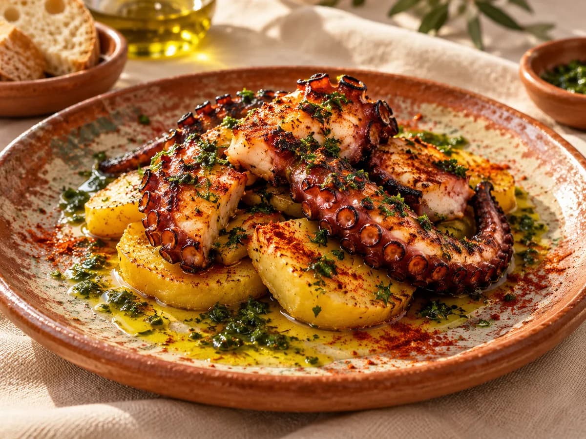 Pulpo a la brasa sobre patata con aceite de perejil